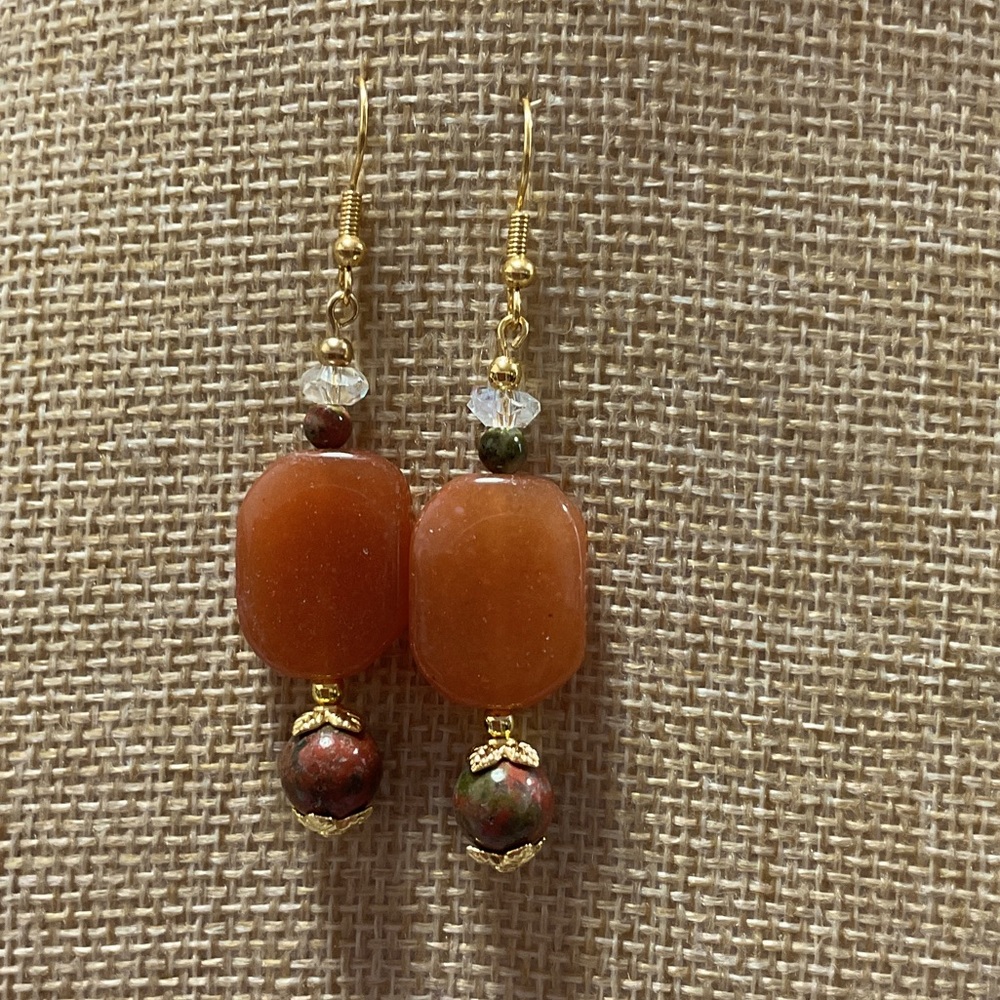 Carnelian, Unakite & Crystal Gold Tone Earrings